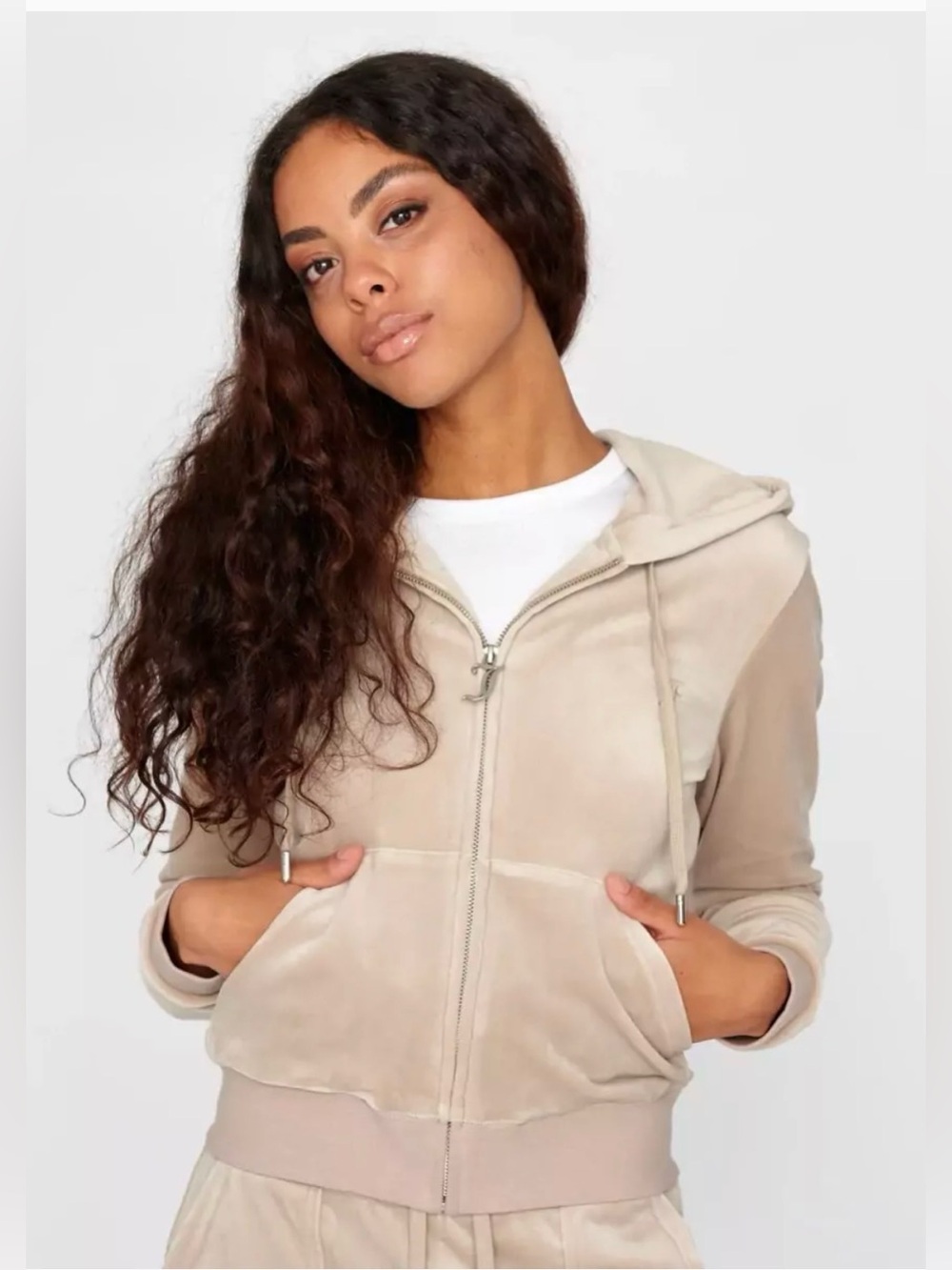 NWT Juicy Couture Taupe Robertson Class Velour Full Zip Hoodie Jacket Size XS